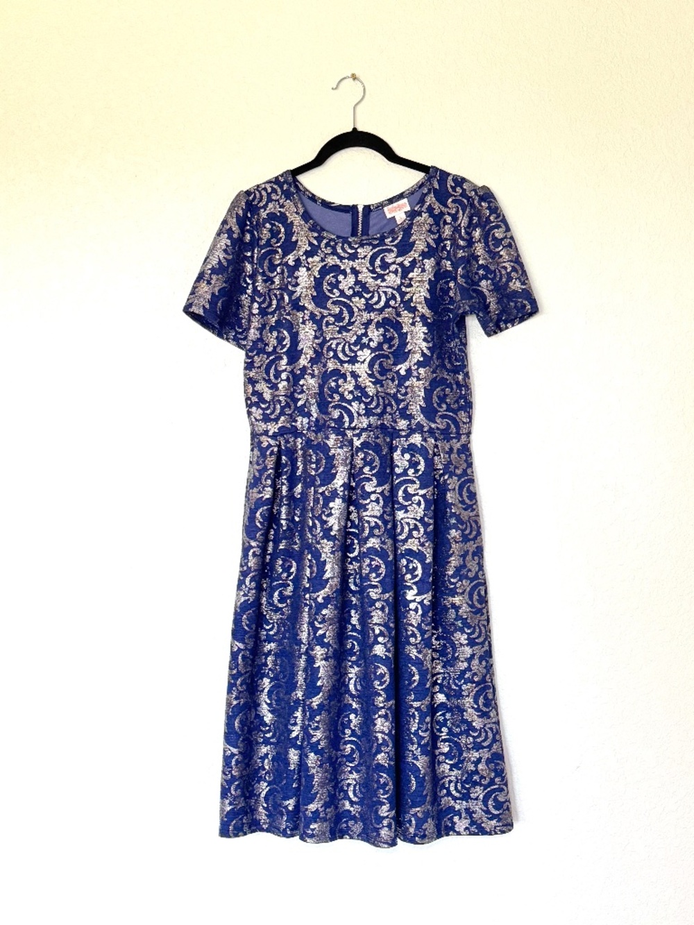 LulaRoe Amelia Dress Large Blue Silver Baroque Metallic Foil Fit and Flare